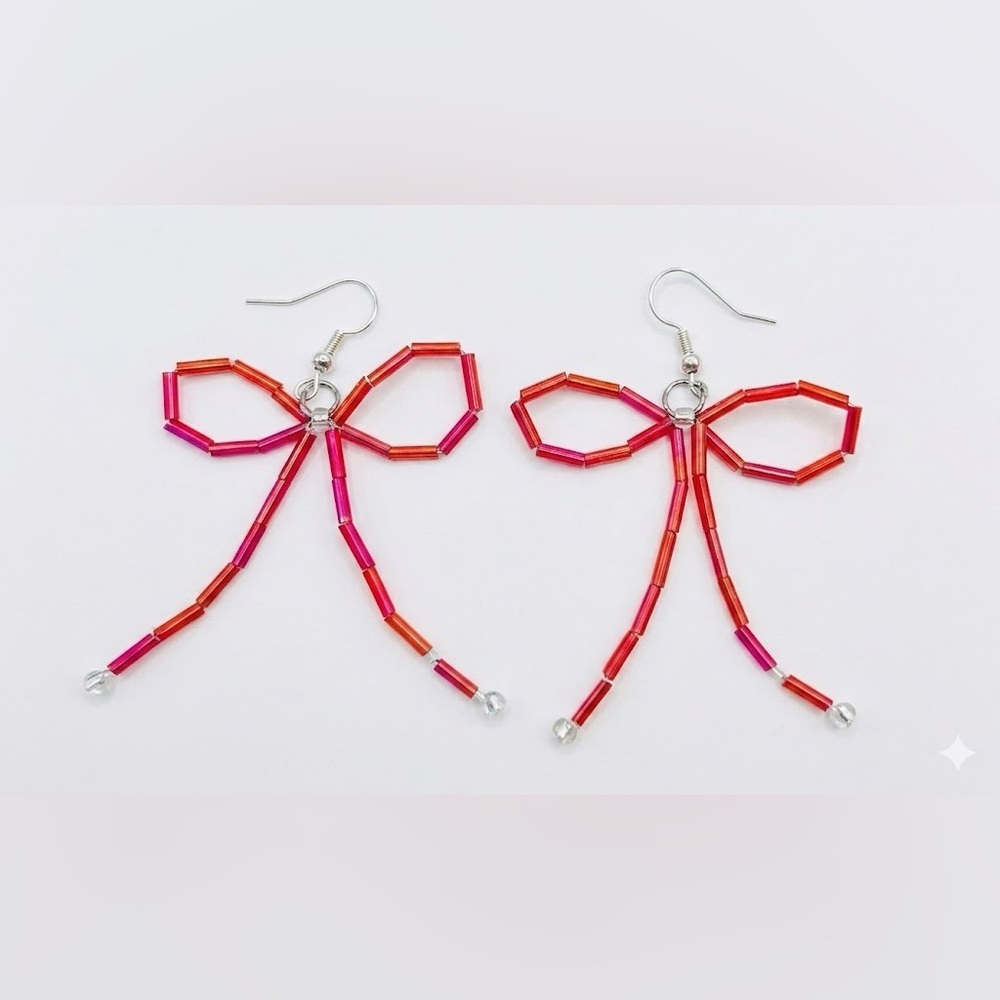 Handmade Red Bow Drop Earrings - Picture 2 of 6